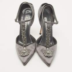 Pre Owned Manolo Blahnik Grey Satin and Suede Eridania Pumps Size 39
