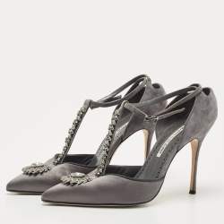 Pre Owned Manolo Blahnik Grey Satin and Suede Eridania Pumps Size 39