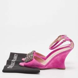Pre Owned Manolo Blahnik Pink Suede Crystal Embellished Ankle Strap Wedge Sandals Size 38.5