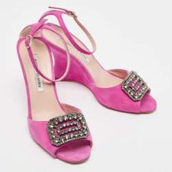Pre Owned Manolo Blahnik Pink Suede Crystal Embellished Ankle Strap Wedge Sandals Size 38.5