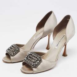 Pre Owned Manolo Blahnik Grey Satin Alicia Open Toe Pumps Size 38