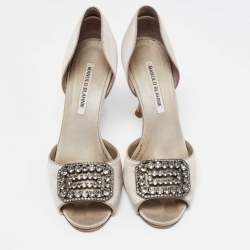 Pre Owned Manolo Blahnik Grey Satin Alicia Open Toe Pumps Size 38