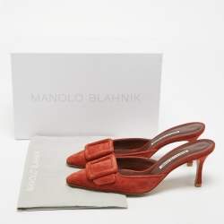 Pre Owned Manolo Blahnik Orange Suede Maysale Mules Size 38.5