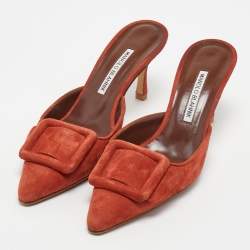 Pre Owned Manolo Blahnik Orange Suede Maysale Mules Size 38.5