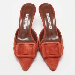 Pre Owned Manolo Blahnik Orange Suede Maysale Mules Size 38.5