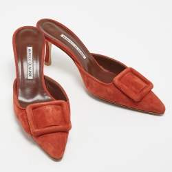Pre Owned Manolo Blahnik Orange Suede Maysale Mules Size 38.5