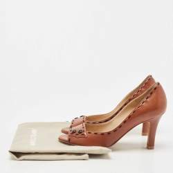 Pre Owned Manolo Blahnik Brown Leather Stitch Detail Open Toe Pumps Size 37