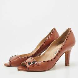 Pre Owned Manolo Blahnik Brown Leather Stitch Detail Open Toe Pumps Size 37