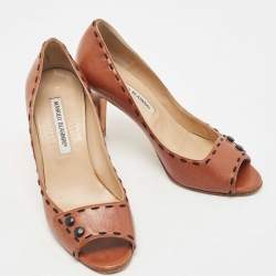 Pre Owned Manolo Blahnik Brown Leather Stitch Detail Open Toe Pumps Size 37
