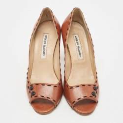 Pre Owned Manolo Blahnik Brown Leather Stitch Detail Open Toe Pumps Size 37