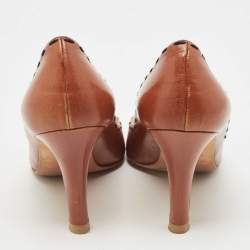 Pre Owned Manolo Blahnik Brown Leather Stitch Detail Open Toe Pumps Size 37