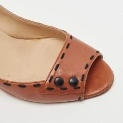 Pre Owned Manolo Blahnik Brown Leather Stitch Detail Open Toe Pumps Size 37