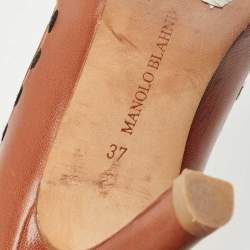 Pre Owned Manolo Blahnik Brown Leather Stitch Detail Open Toe Pumps Size 37