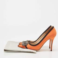 Pre Owned Manolo Blahnik Orange Fabric Gotrian Crystal Embellished Pumps Size 38.5