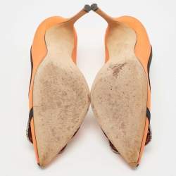 Pre Owned Manolo Blahnik Orange Fabric Gotrian Crystal Embellished Pumps Size 38.5