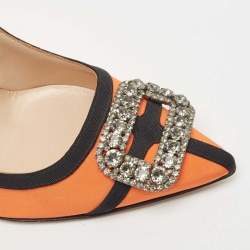 Pre Owned Manolo Blahnik Orange Fabric Gotrian Crystal Embellished Pumps Size 38.5