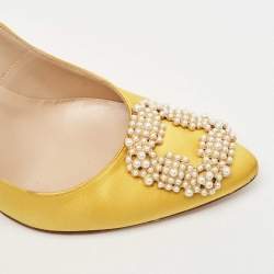 Pre Owned Manolo Blahnik Yellow Satin Hangisi Crystal Embellished Pointed Toe Pumps Size 39.5