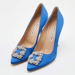 Pre Owned Manolo Blahnik Blue Satin Hangisi Pumps Size 39.5