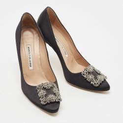Pre Owned Manolo Blahnik Black Satin Hangisi Pumps Size 37.5