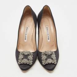 Pre Owned Manolo Blahnik Black Satin Hangisi Pumps Size 37.5