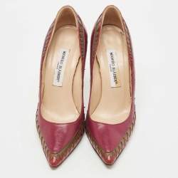 Pre Owned Manolo Blahnik Tricolor Leather Pointed Toe Pumps Size 37.5