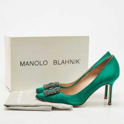 Pre Owned Manolo Blahnik Green Satin Hangisi Crystal Embellished Pumps Size 41