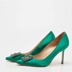 Pre Owned Manolo Blahnik Green Satin Hangisi Crystal Embellished Pumps Size 41