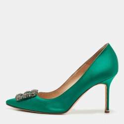 Pre Owned Manolo Blahnik Green Satin Hangisi Crystal Embellished Pumps Size 41