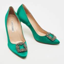 Pre Owned Manolo Blahnik Green Satin Hangisi Crystal Embellished Pumps Size 41