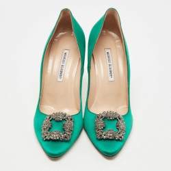 Pre Owned Manolo Blahnik Green Satin Hangisi Crystal Embellished Pumps Size 41