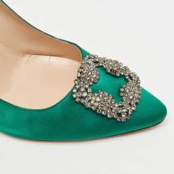 Pre Owned Manolo Blahnik Green Satin Hangisi Crystal Embellished Pumps Size 41
