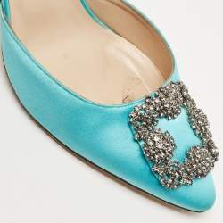 Pre Owned Manolo Blahnik Blue Satin Hangisi Crystal Embellished D' Orsay Pumps Size 39