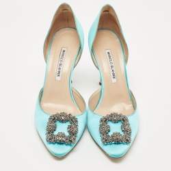 Pre Owned Manolo Blahnik Blue Satin Hangisi Crystal Embellished D' Orsay Pumps Size 39