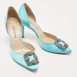 Pre Owned Manolo Blahnik Blue Satin Hangisi Crystal Embellished D' Orsay Pumps Size 39