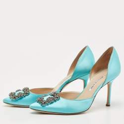 Pre Owned Manolo Blahnik Blue Satin Hangisi Crystal Embellished D' Orsay Pumps Size 39