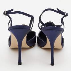 Pre Owned Manolo Blahnik Navy Blue Satin Jamala Crystal Embellished Pumps Size 39.5