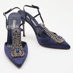 Pre Owned Manolo Blahnik Navy Blue Satin Jamala Crystal Embellished Pumps Size 39.5