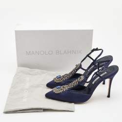 Pre Owned Manolo Blahnik Navy Blue Satin Jamala Crystal Embellished Pumps Size 39.5