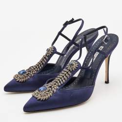 Pre Owned Manolo Blahnik Navy Blue Satin Jamala Crystal Embellished Pumps Size 39.5
