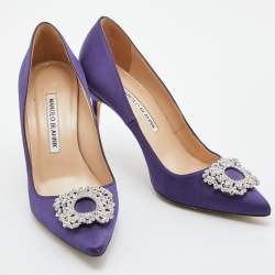 Pre Owned Manolo Blahnik Purple Satin Hangisi Crystal Embellished Pumps Size 36