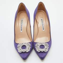 Pre Owned Manolo Blahnik Purple Satin Hangisi Crystal Embellished Pumps Size 36