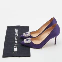 Pre Owned Manolo Blahnik Purple Satin Hangisi Crystal Embellished Pumps Size 36