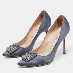 Pre Owned Manolo Blahnik Dark Grey Satin Hangisi Pumps Size 38.5