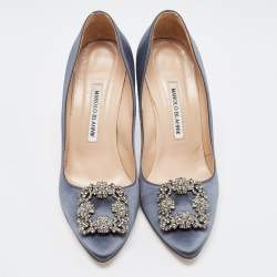 Pre Owned Manolo Blahnik Dark Grey Satin Hangisi Pumps Size 38.5