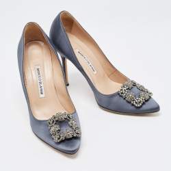Pre Owned Manolo Blahnik Dark Grey Satin Hangisi Pumps Size 38.5