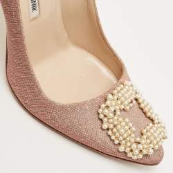 Pre Owned Manolo Blahnik Metallic Pink Glitter Fabric Pearl Embellished Hangisi Pumps Size 38