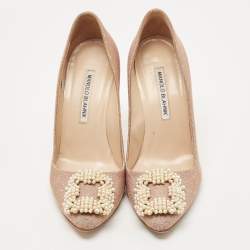 Pre Owned Manolo Blahnik Metallic Pink Glitter Fabric Pearl Embellished Hangisi Pumps Size 38