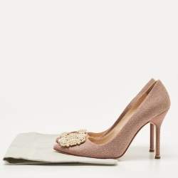 Pre Owned Manolo Blahnik Metallic Pink Glitter Fabric Pearl Embellished Hangisi Pumps Size 38