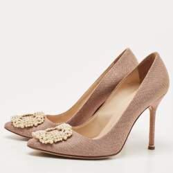 Pre Owned Manolo Blahnik Metallic Pink Glitter Fabric Pearl Embellished Hangisi Pumps Size 38