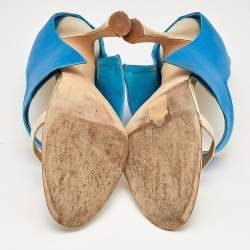 Pre Owned Manolo Blahnik Blue/Gold Satin and Leather Open Toe Sandals Size 39.5